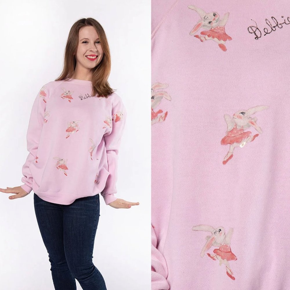 Vintage 80s Pink Easter Bunny Rabbit Ballerina Sweatshirt Ballet